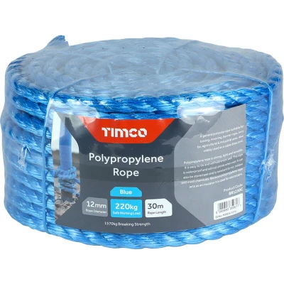Image of TIMCO Polypropylene Blue Rope General purpose Great for towing, mooring, strapping, cable draw cord and as a washing line Winder 12mm x 30m