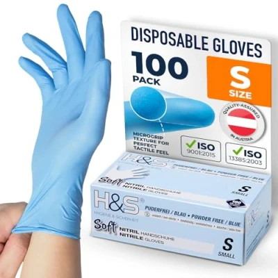 Image of Nitrile Gloves by H&amp;S (7 S Small, Blue), Box of 100, Powder Free, Latex eudermic, Disposable Examination Gloves, nonsterile ambidextrous, Commercial use