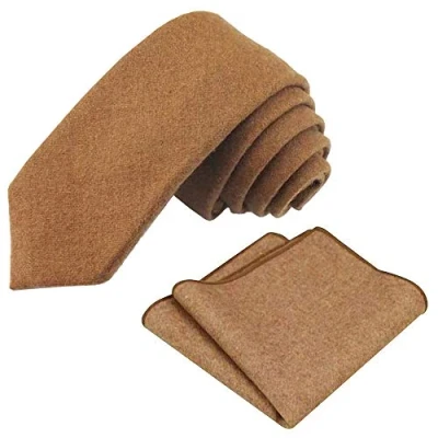 Image of DB Dickie Bow Men&#039;s Luxury Wool Skinny Neck Tie &amp; Pocket Square Set (Camel Tan) suitable for formalwear, office, weddings, parties, grooms groomsmen outfits