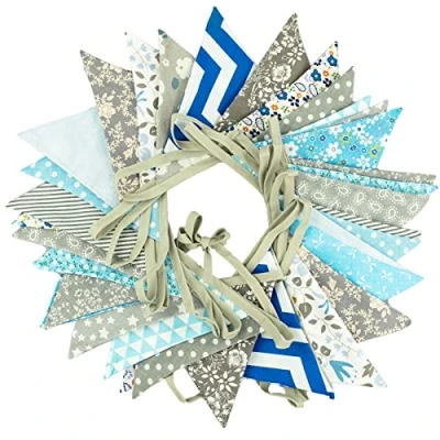 Image of 36PCS Large Fabric Bunting Banner 10M Two Layer Triangle Flag Garland 17x19CM Double Sided Floral Pennants for Wedding Birthday Parties Decoration Grey and Blue