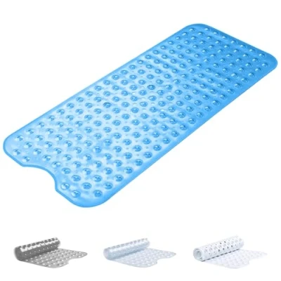 Image of Oxford Homeware Shower Bath Mat Non Slip Anti Mould Blue 100X40 cm for Bathtub and Bathroom with Drain Holes Strong Suction Cups Machine Washable Mats
