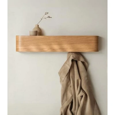 Image of Kazai. Wall Mounted Coat Rack &#039;Toke&#039; Modern Design with Hidden Hooks Solid Wood Veneer Panel Hanger Oak
