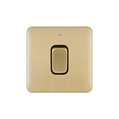 Image of Schneider Electric Lisse Screwless Deco Single Light Switch, Double Pole, with Neon Indicator, 50A, GGBL4011BSB, Satin Brass Black Insert