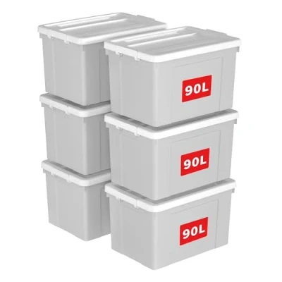 Image of Cetomo 90L*6 Storage Boxes, Plastic Box with Lids, Organizing Container Secure Latching Buckles, Stackable, Nestable, Tote Bin for Home Office Clothes, 90L 6Pack, Gray