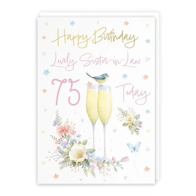 Image of Hunts England 75th Sister in Law Champagne Flutes Birthday Card Luxury Gold Foil Milo&#039;s Gallery Age 75 Flowers, Butterflies For Seventy Five A5 Size