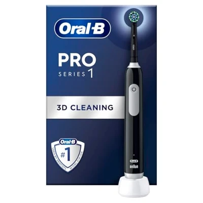 Image of Oral B Pro 1 Electric Toothbrush For Adults With 3D Cleaning, Head, Gum Pressure Control, 2 Pin UK Plug, Black, &amp; Accessories