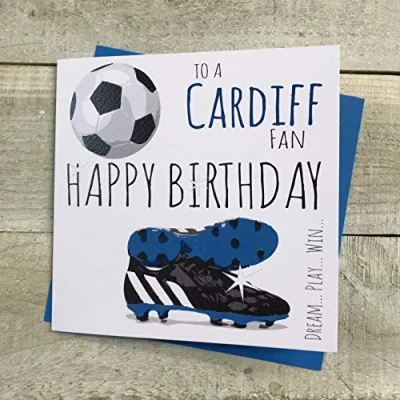 Image of WHITE COTTON CARDS Cardiff City Bluebirds FC Football Club Fan Birthday Card BOOTS &amp; BALL DESIGN (FFP64)