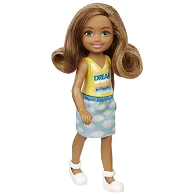 Image of Mattel Barbie Chelsea Friend Doll, Wearing Shirt with &quot;Dream&quot;, Skirt Cloud Print and White Shoes