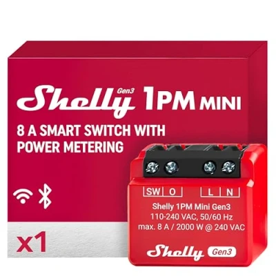 Image of Shelly 1PM Mini Gen3, WiFi &amp; Bluetooth Smart Switch Relay, 1 Channel, 8A, Power Metering, Home Automation, Remote control, Compatible with Alexa and Google Home, iOS Android App, No Hub Required