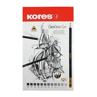 Image of Kores Graphite Pencils Set with End Dipped Grafitos in Different Grades, Soft, Triangular Drawing Pencils, HB Pencil Set, Art Supplies, Office Supplies Metal Box of 12