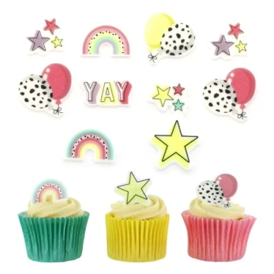 Image of Culpitt Rainbow Sugar Decorations 32 Edible Cupcake Toppers Printed Fondant Paste Cake Featuring Rainbows, Balloons, And Stars For Birthday &amp; Celebrations Pack