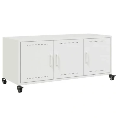 Image of vidaXL TV Cabinet Stand Unit/Media HiFi Console White Steel, Spacious Storage, 4 Wheels, 100.5x39x43.5 cm Versatile for Living Room or Lounge