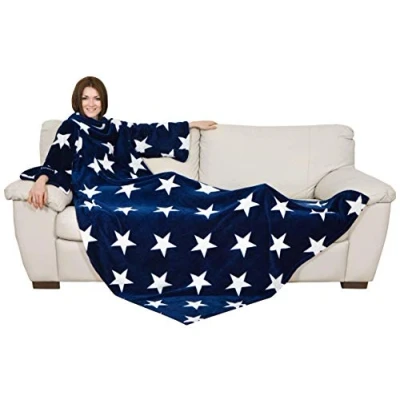 Image of Kanguru Deluxe Stars, fluffy, fleece adults, sleeves with Kangaroo pocket, for women, snuggle blanket, blue, 140x210 cm, Flannel, Single