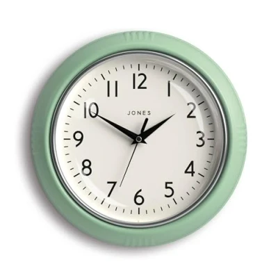 Image of Jones Clocks® Ketchup wall clock Retro round 25cm Neo mint green Easy to read numbers Perfect kitchen or office