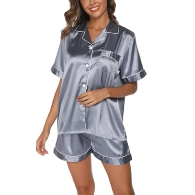 Image of Reliwel Silk Pyjamas for Women Short Sleeve two Piece Satin Pyjama Set Women&#039;s Nightwear Button Down Soft Ladies Sleepwear Loungewear S XXL Gray Blue