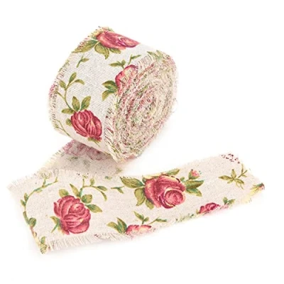 Image of DIY Vintage Burlap Ribbon Roll Rose Flower Printed Jute Hessian Belt Strap Wedding Cloth Decoration 10m