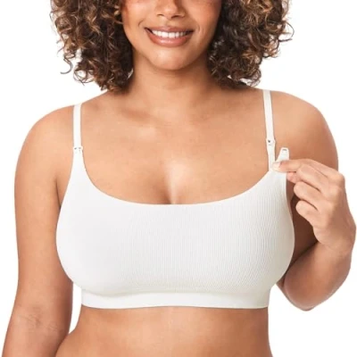 Image of MOMANDA Women&#039;s Ribbed Nursing Bras Seamless Bralettes Maternity Wirefree Sports Breastfeeding Bra Iceland White S
