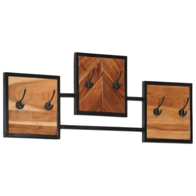 Image of vidaXL Acacia &amp; Iron Wall Coat Rack 90x35 cm Solid Wood Hanging Hook Organizer for Coats, Bags Mounted Storage Shelf with Six Hooks