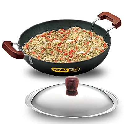 Image of Futura Hard Anodised Deep Fry Pan(Kadhai) 7 1/2 Litre with Steel Lid and Flat Bottom