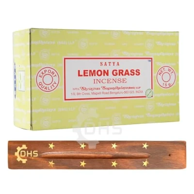 Image of Satya Nag Champa Lemon Grass Sticks Full Box of 12 With DHS Incense Stick Holder Used for Aromatherapy, Yoga, Meditation, and Relaxation