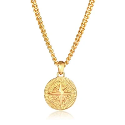 Image of Kuzzoi Men&#039;s Silver Necklace with Compass Pendant (34 mm), 925 Sterling Gold Plated, Maritime Curb Chain, Handmade, Length 50 or 60 cm,