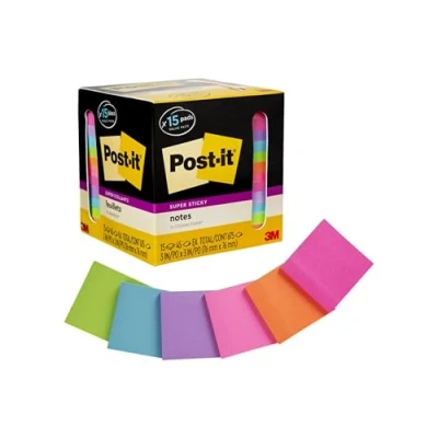 Image of Super Sticky Notes, 3 in. x in., Assorted Bright Colors, 45 Sheets/Pad, 15 Pads/Pack