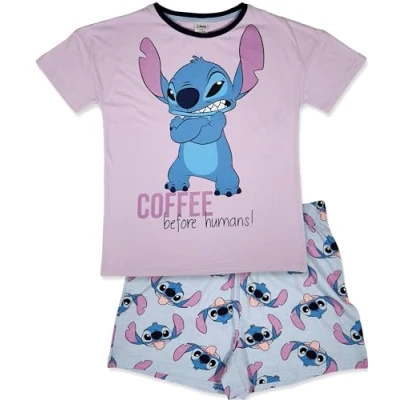 Image of Disney Lilo &amp; Stitch 100% Womens Combed Cotton Overhang shoulder short Pyjama Set UK 8 10