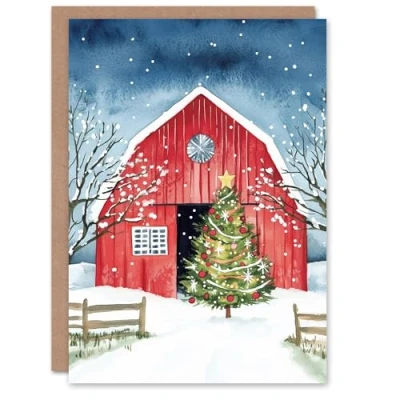Image of Artery8 Barn Decorated Tree Winter Landscape Blank For Him Or Her Art Xmas Festive Christmas Card