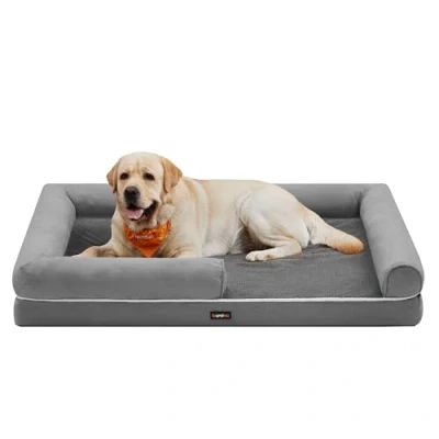 Image of Feandrea Orthopedic Dog Bed, Sofa with Sides, Removable Washable Cover, 135 x 107 25 cm, Non Slip Bottom, Light Grey PGW079G02