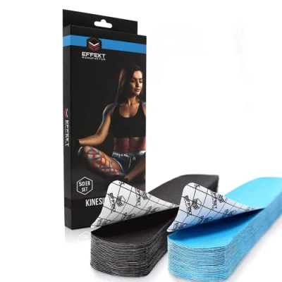 Image of Effekt Pre Cut Kinesiology Tapes Waterproof (25 cm x 5 cm), 50 Strips Elastic Physio Tape for Muscle Support and Injury Recovery, Medical Tape, Breathable Sports (Blue + Black)