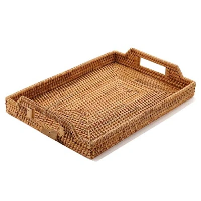 Image of Hand Woven Rattan Serving Tray with Handles for Breakfast, Drinks, Snack Dining/Coffee Table (17 inch (43 cm), Rectangular)