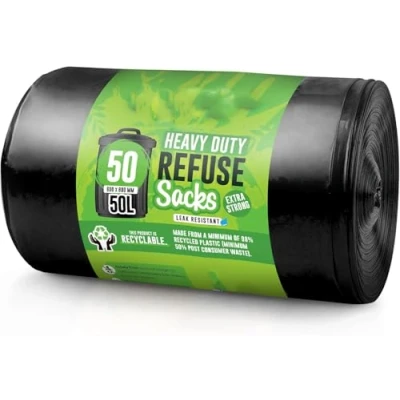 Image of 50 Recycling Sacks Bin Bags Liners 50L Refuse Recycled Tear Resistant 35 μm Household Office Kitchen &amp; Caterers