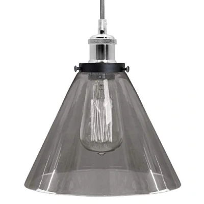Image of Vintage Glass Pendant Light Smoked Grey Lamp Shade Industrial Chrome Ceiling Holder M02 26F