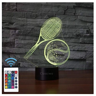 Image of Comiwe Tennis (B) 3D Illusion Night Light Toys,16 Colors Change Smart Touch &amp; Remote Control,Home Decor LED Bedside Table Desk Lamp,Christmas Birthday Gift for Girls Boys Kids Adults Friends Family