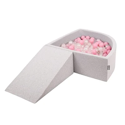 Image of KiddyMoon Foam Playground For Kids With Quarter Angular Ballpit (200 Balls) Obstacle Course, Lightgrey:Powderpink/Pearl/Transparent