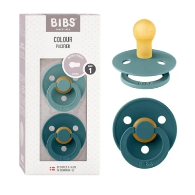 Image of BIBS Colour Soother 2 Pack, BPA Free Dummy Pacifier, Round Nipple. Natural Rubber Latex, Made in Denmark, Size 1 (0 6 Months), Island Sea/Forest Lake