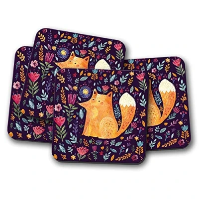 Image of 4 Set Ginger Fox Drawing Coaster Cute Animal Art Wildlife Flower #15571