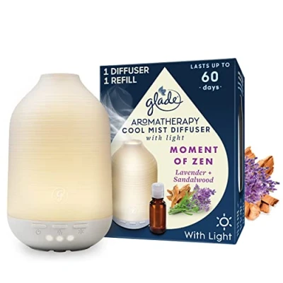 Image of Glade Essential Oil Diffuser Holder &amp; Refill, Cool Mist Aromatherapy Air Freshener for Home, Moment of Zen with Lavender Sandalwood Scent, 17.4ml