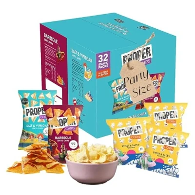 Image of Gluten Free Lentil Crisps Multipack Box of 32 Vegan Proper Chips BBQ &amp; Salt Vinegar Low Calorie Snack with Topline Card. Healthy Snacks for Kids Lunch Box, Birthday Party Food, Movie Night