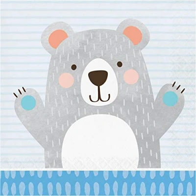 Image of Creative Party PC336059 Napkins Blue Birthday Bear 2 Ply Lunch Paper 16 Pcs, Multicolor, 6.5&quot;