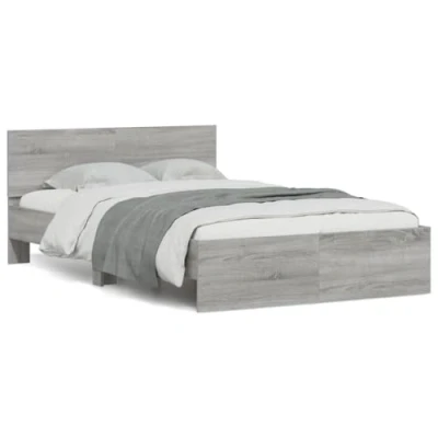 Image of vidaXL Bed Frame with LED Lights and Headboard Engineered Wood, Grey Sonoma, 140x190 cm, Plywood Slats, USB Connector for Bedroom