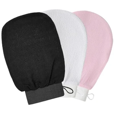 Image of Exfoliating Mitt Glove, 3pcs Body Scrub Bath Spa Shower Gloves, Leg Scrubber Soft Korean Exfoliator Exfoliation Wash Mitts for Women &amp; Men (Black, pink, white)