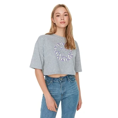 Image of Trendyol Women&#039;s Woman Relaxed Standard Crew Neck Knit T Shirt, Gray, XS