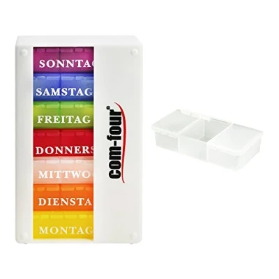 Image of com four® drug dosing machine 7 days medicine box pill tray weekly doser + with 3 compartments [Language: German] (01 piece white accessories)