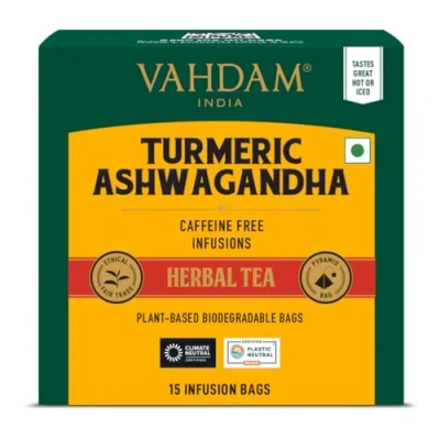 Image of VAHDAM, Turmeric Ashwagandha Herbal Tea Bags (15 Count) 100% Pure Blend Turmeric, Ashwagandha, Lemongrass, Black Pepper &amp; Licorice Brew It As Hot Or Iced