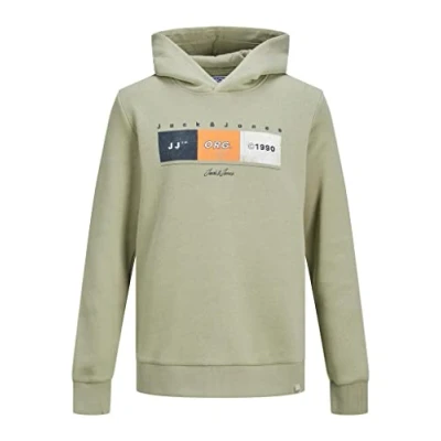 Image of JACK &amp; JONES Boys Pullover Hoodie Logo Printed Warm Hooded Sweat Top Oil Green 12 Years