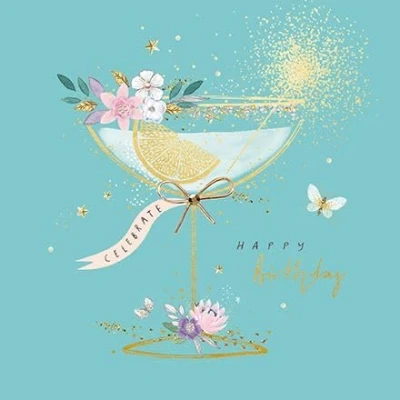 Image of Paperlink Female Birthday Card General for Women Sparkling Floral Cocktail and Butterfly Embossed with a Foil Finish Eco Friendly Recyclable, 155 x 155mm, Blue, Gold, Pink, Purple