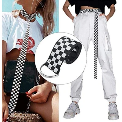 Image of Women&#039;s Canvas Belt, Black and White Chequered Breathable Checked Belt with Iron Ring, 135 cm
