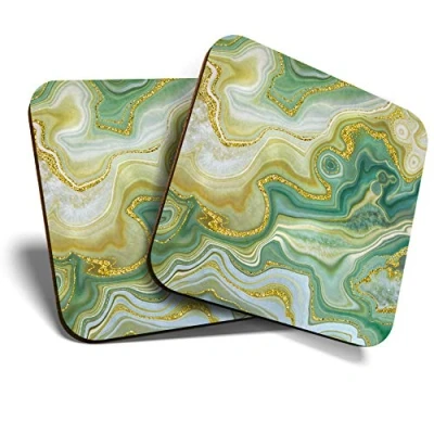 Image of Great Coasters (Set of 2) Square/Glossy Quality Coasters/Tabletop Protection for Any Table Type Green Jade Agate Marble Effect #21516