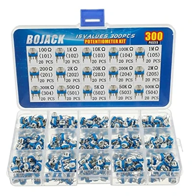 Image of BOJACK 15 Values 300 pcs 100 Ohm 2M Variable Resistor 6mm Potentiometer Assortment Kit packag in a Clear Plastic Box